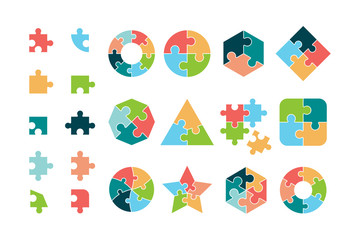 Puzzle collection. Business different jigsaw round and square geometrical forms tags puzzle pieces vectors. Piece jigsaw icon, round and square shape illustration - obrazy, fototapety, plakaty