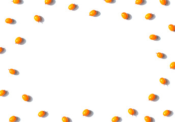 Sea buckthorn seamless contrast frame with shadows on the white background. Top view. Copy space