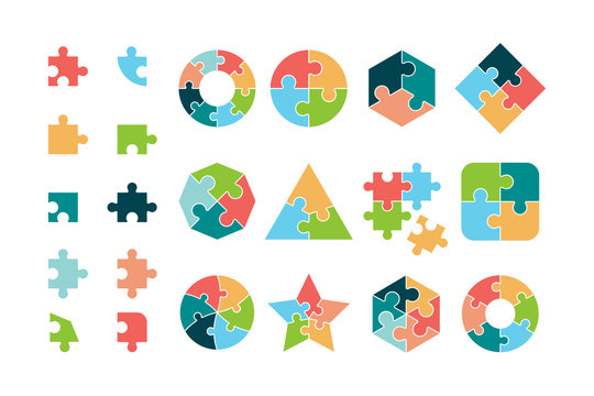 Puzzle collection. Business different jigsaw round and square geometrical forms tags puzzle pieces vectors. Piece jigsaw icon, round and square shape illustration