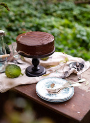 beautiful outdoor still life in autumn garden with whole cake on wooden cake stand with chocolate cream stands on rustic wooden table with grey napkin, vintage bottles, plates and glasses 