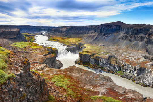 Fantastic  view of canyon  and waterfall Hafragilsfoss.