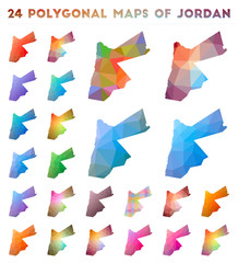 Set of vector polygonal maps of Jordan. Bright gradient map of country in low poly style. Multicolored Jordan map in geometric style for your infographics.