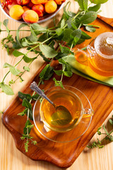 Fresh hot tea and mint on a tray