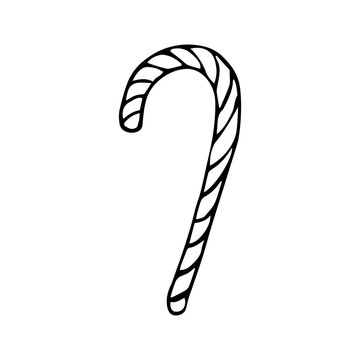 Winter candy cane. Hand drawing. Black outline on white background. Picture can be used in christmas and new year greeting cards, posters, flyers, banners, logo etc. Vector illustration. EPS10