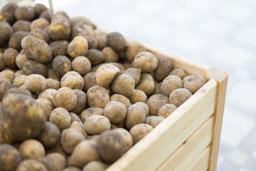 Closeup of fresh potatoes on the supermarket shelf