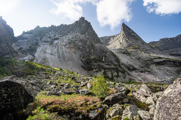 Gorgeous view on top of western Sayan mountain range during summer sunny day in Ergaki national park, Siberia, Russia