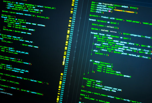 Site developing. Php code on the computer. Programming concept. Macro shot