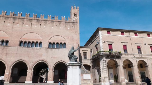  RIMINI, ITALY - 2019 circa: Central Cavour square during a nice sunny day. 4K hyper lapse