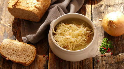 onion soup with bread and gruyere