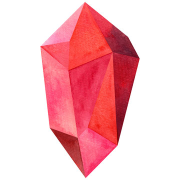 Watercolor painting pink orange red maroon ruby burgundy colors, colorful crystal,sapphire,minerals,quartz,topaz,agat,jade graphic.Watercolor hand draw topaz crystal isolated on white background.Clipp