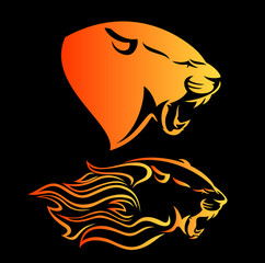 fierce panther head among fire flames - blazing leopard vector profile design