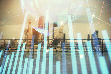 Forex graph with map hologram with city view from roof background. Double exposure. Financial...