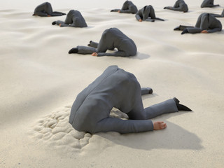group of businessmen hides their heads in the sand - obrazy, fototapety, plakaty