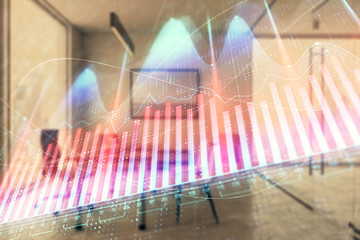 Business theme graph hologram with minimalistic cabinet interior background. Double exposure. Stock market concept.