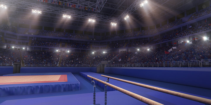 Professional gymnastic gym with parallel bars. 3D illustration