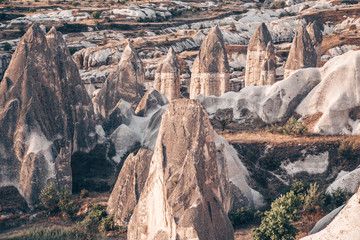 Mountains in Cappadocia, Turkey. Famous stone peaks. Beautiful landscape of famous Turkish region.