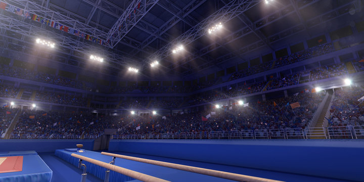 Professional gymnastic gym with parallel bars. 3D illustration