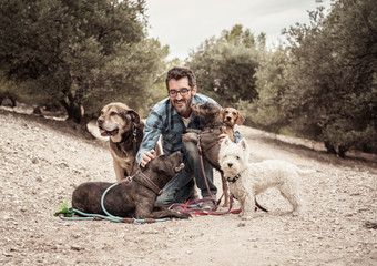 Professional dog walker having fun and caring for his customers a pack of cute dogs