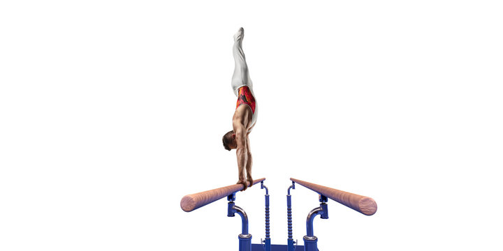 Male athlete doing a complicated exciting trick on parallel bars on white background. Isolated Man perform stunt in bright sports clothes
