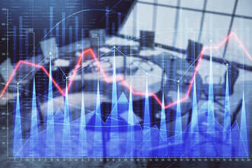 Double exposure of forex chart on conference room background. Concept of stock market analysis