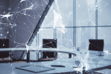 Double exposure of technlogy theme abstract hologram on conference room background. Concept of hightech