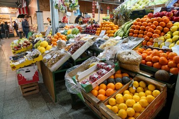 Market stall with colorful fruits and vegetable