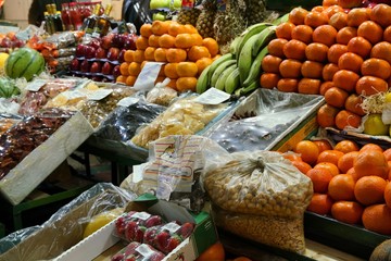 Market stall with colorful fruits and vegetable