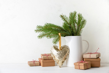 Christmas setting with gift boxes, front view