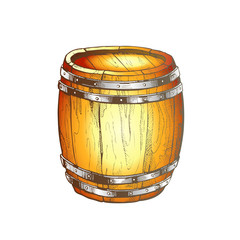 Standing Vintage Wooden Barrel Side View Vector. Hand Drawn Closed Barrel With Metal Rings For Production And Storage Alcohol Beverage. Design Closeup Container Object Color Illustration