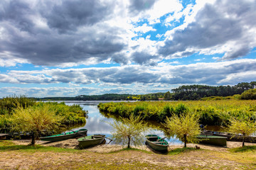 Seignosse, Landes, France - View of boats in front of Hardy Pond