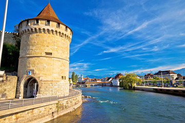 Nolliturm tower and Reuss river waterfront in Lucerne view