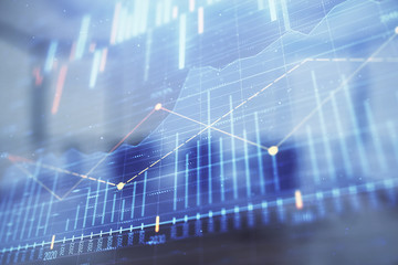 Multi exposure of stock market graph on conference room background. Concept of financial analysis