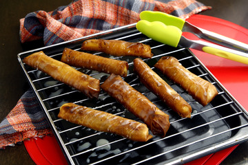 Freshly cooked Turon or fried saba banana in spring roll wrapper