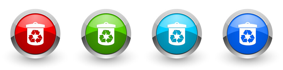 Recycle silver metallic glossy icons, red, set of modern design buttons for web, internet and mobile applications in four colors options isolated on white background