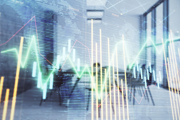 Double exposure of stock market graph with globe hologram on conference room background. Concept of international finance