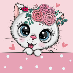 Cartoon white Kitten with flowerson a pink background