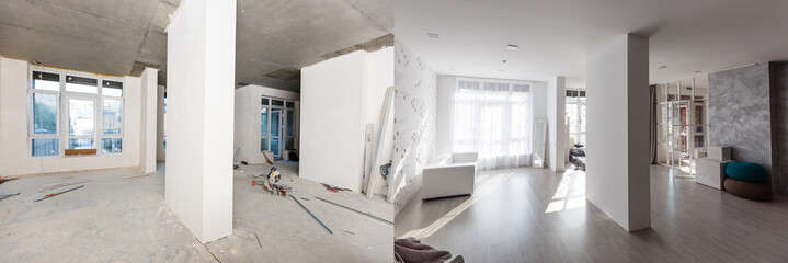 Newly renovated generic empty office space with leftover materials and ladder in foreground