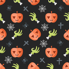 Halloween seamless pattern with pumpkin, rotten hand, web, spider on dark background