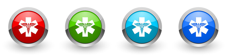 Emergency silver metallic glossy icons, red, set of modern design buttons for web, internet and mobile applications in four colors options isolated on white background