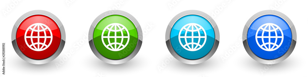 Poster globe silver metallic glossy icons, red, set of modern design buttons for web, internet and mobile a