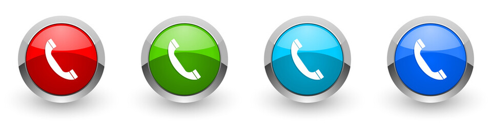 Phone silver metallic glossy icons, red, set of modern design buttons for web, internet and mobile applications in four colors options isolated on white background