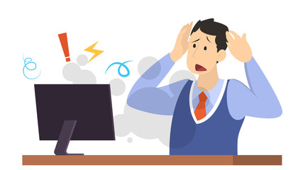 Man sitting at the desk. Argue in the internet.