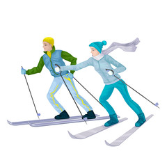 Obraz premium Couple skiers skiing in the snow. Vector characters.