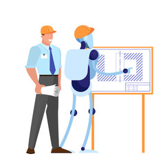 Human and robot engineer in helmet working together