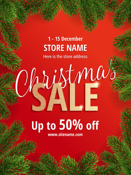 The Christmas sale. Red poster for shop
