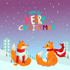 Fototapeta premium Fox the girl and a fox the boy walk in the winter near the city and the forest. Congratulation of Very Merry Christmas