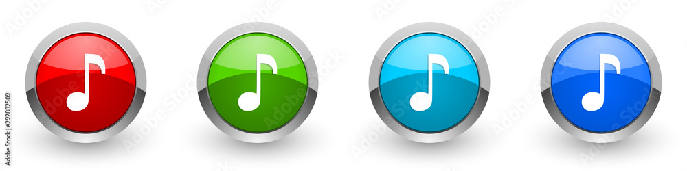 Poster music silver metallic glossy icons, red, set of modern design buttons for web, internet and mobile a