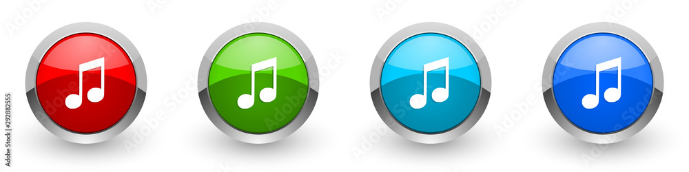 Poster music silver metallic glossy icons, red, set of modern design buttons for web, internet and mobile a