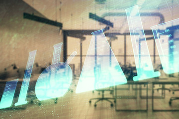 Flasks hologram with office interior on background. Double exposure. Concept of education