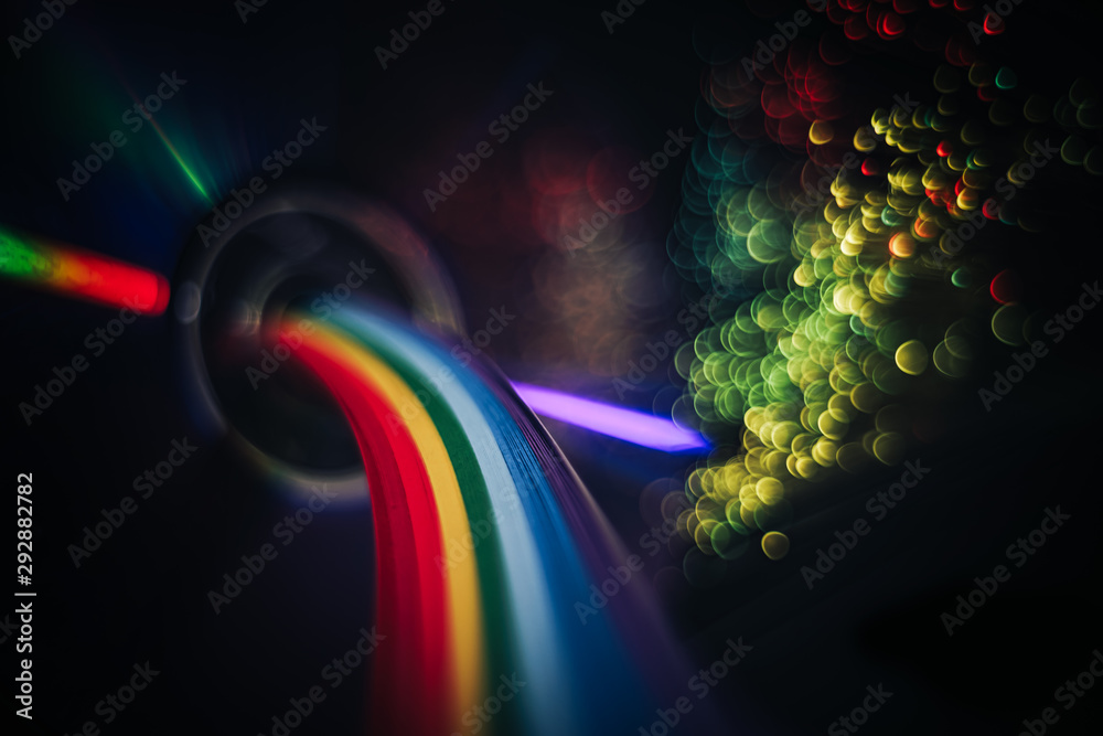 Poster beautiful abstract rainbow bridge and multi colored space background in the darkness.